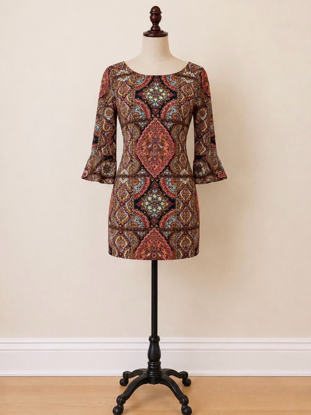 Billabong Rust Multi Mosaic Bell Sleeve Mini Dress